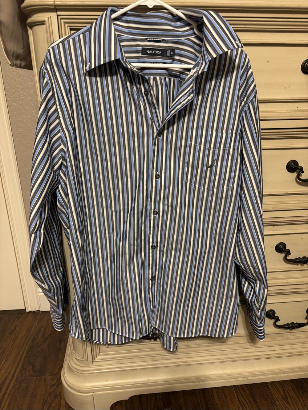 Nautica Men’s Blue, White and Black Vertical Stripe Dress Shirt
